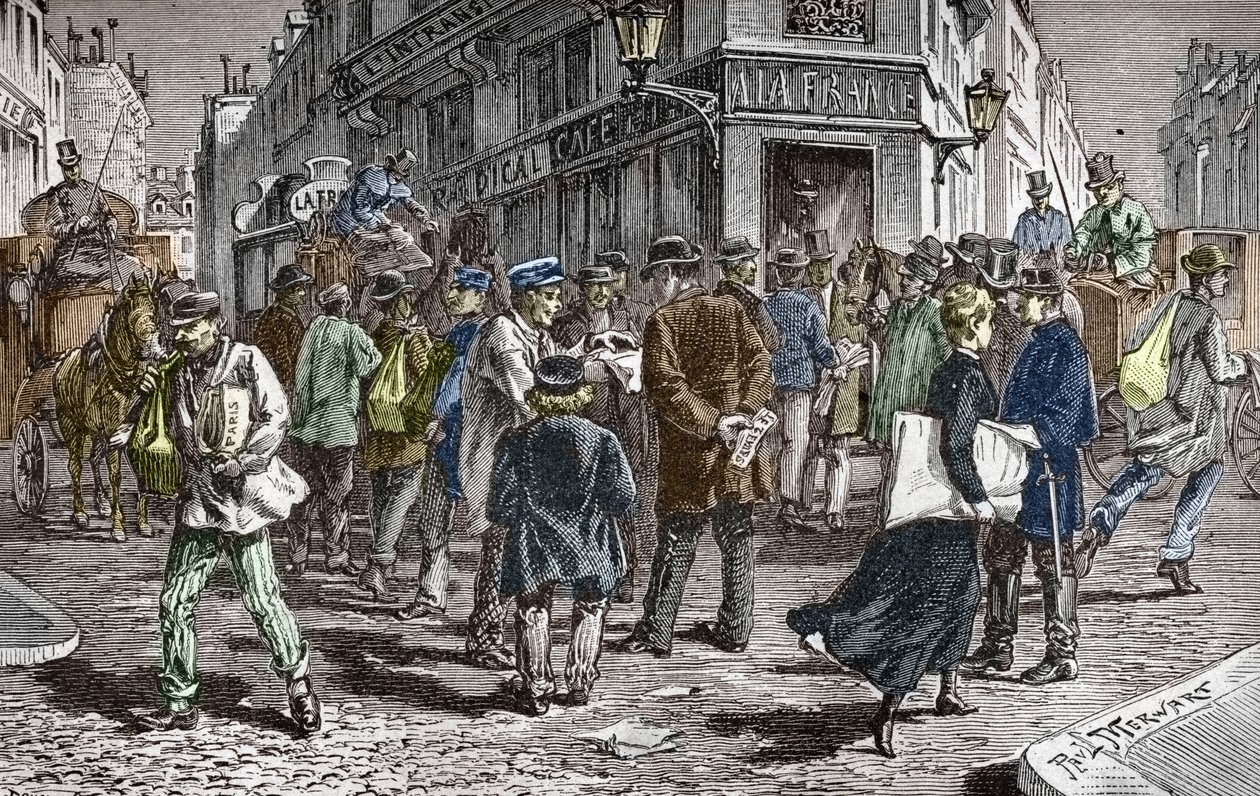 Utsikt över Rue du Croissant i Paris, säte för många tidningar av Paul (after) Merwart