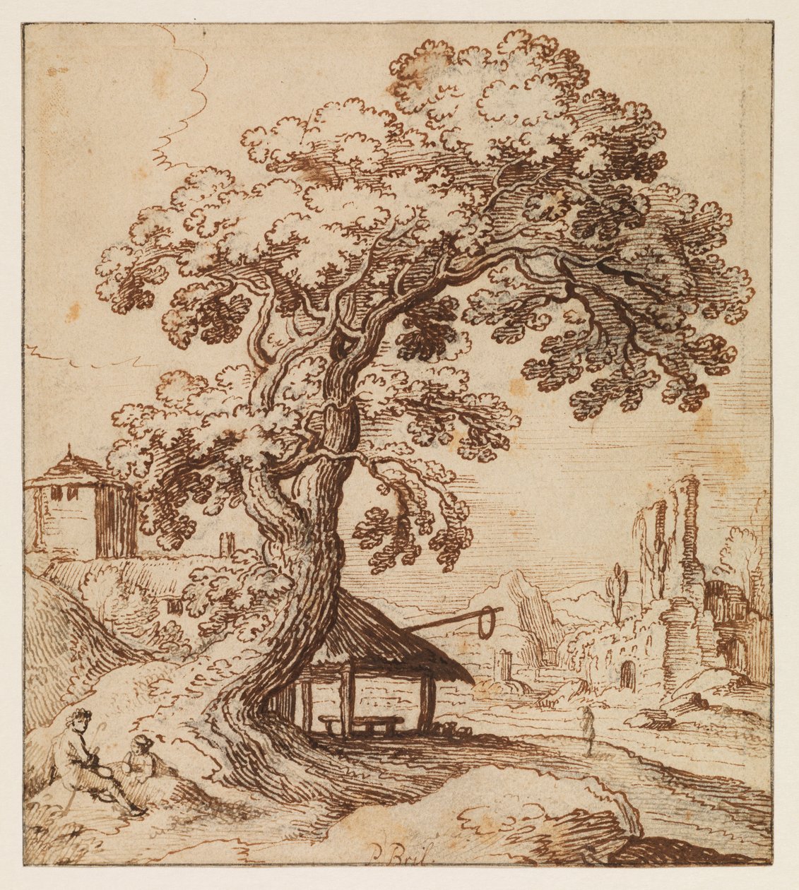 Landskap med ruiner och figurer, ca 1615 (svart krita, penna & brunt bläck på lagt papper, med svart bläck inramade linjer) av Paul (circle of) Brill or Bril