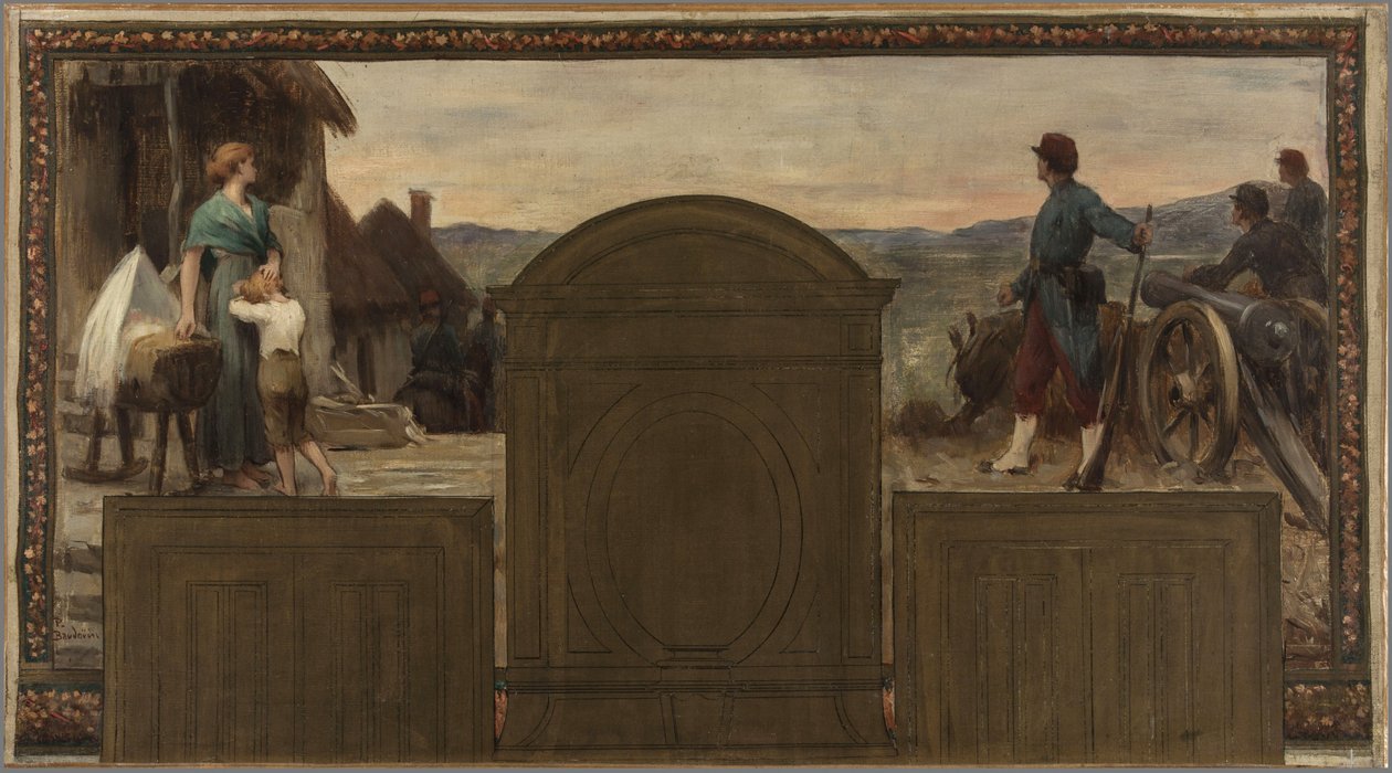 Skiss till stadshuset i Saint-Maur-des-Fossés: Maternité et Patrie - La défense de la Patrie, 1883 (olja på duk (rustning)) av Paul Albert Baudouin