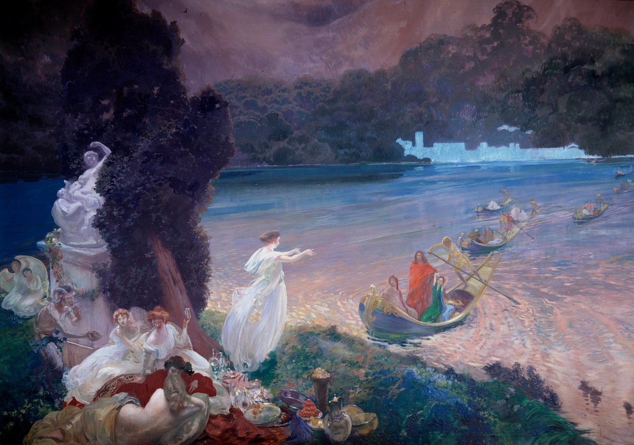 Happy Island: scen med fabel som föreställer båtar som går med gäster på en bankett på gräset. Detalj av en målning på tapet av Paul Albert Besnard (1849-1934). 1900. Paris, Dekorationskonst av Paul Albert Besnard