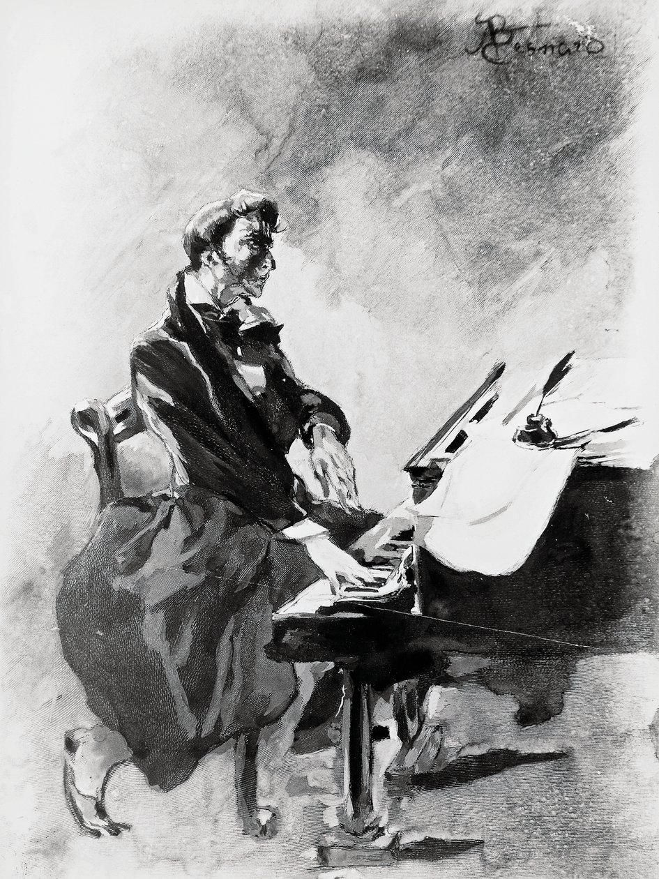 Kompositören och pianisten Frederic Chopin spelar piano, av Albert Besnard (1849-1934), akvarell av Paul Albert Besnard