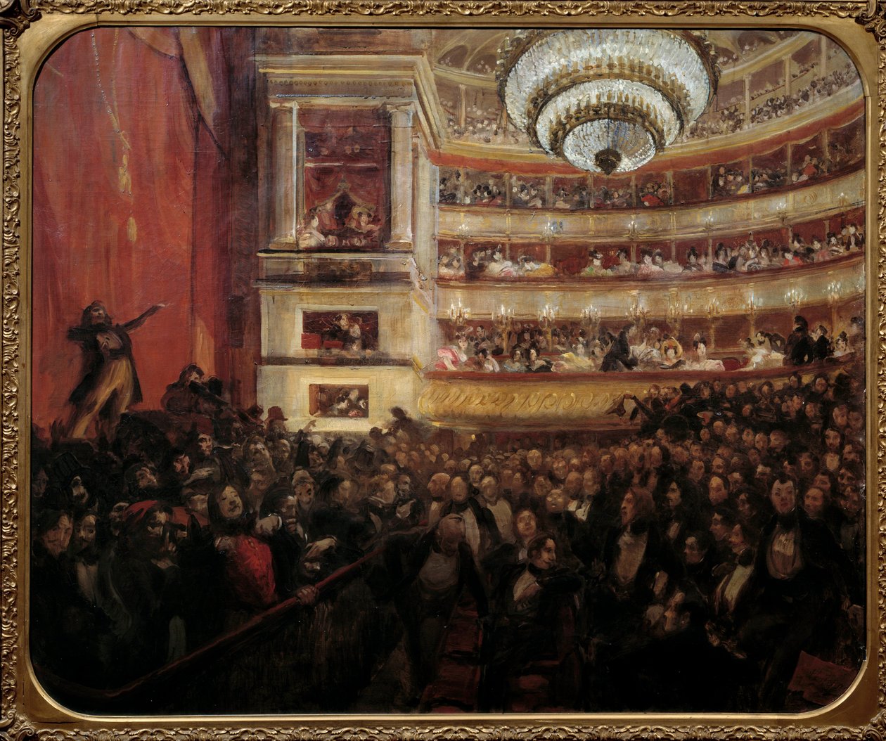 Premiären av Hernani Premiärrepresentation av stycket "" Hernani"" av Victor Hugo (1802-1885) på Comedie Francaise den 25/02/1830. Målning av Paul Albert Besnard (1849-1934) 1800-talets sön. 1,05x1,22 m Paris, hus Victor Hugo av Paul Albert Besnard