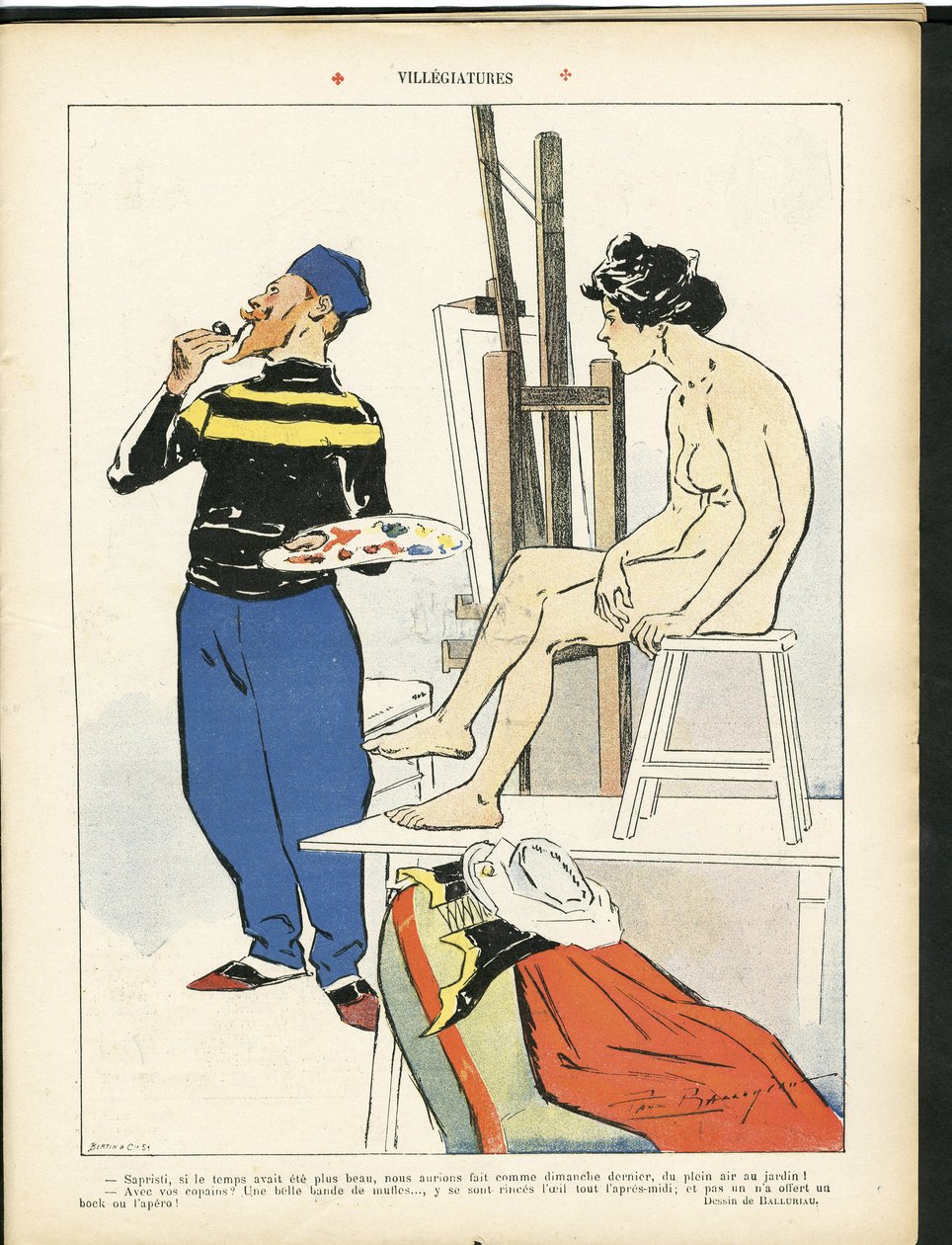 Illustration av Paul Balluriau (1860-1917) i Le Rire, 03/08/07 - Villegiatures - Konst - Målare konstnärer, modell (som poserar) av Paul Balluriau