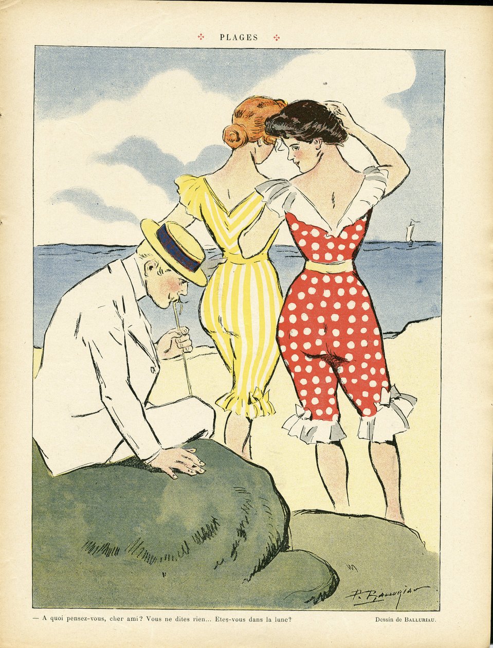 Illustration av Paul Balluriau (1860-1917) i Le Rire, 01/08/08 - Stränder - Fritid, Kärlek, Mode, Maritim Marine Seaside, Badkläder av Paul Balluriau