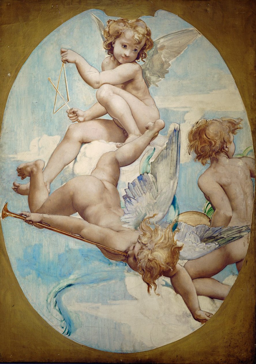 Ovala paneler i den stora foajén visar putti med musikinstrument: trumpet, triangel och cymbaler ... av Paul Baudry