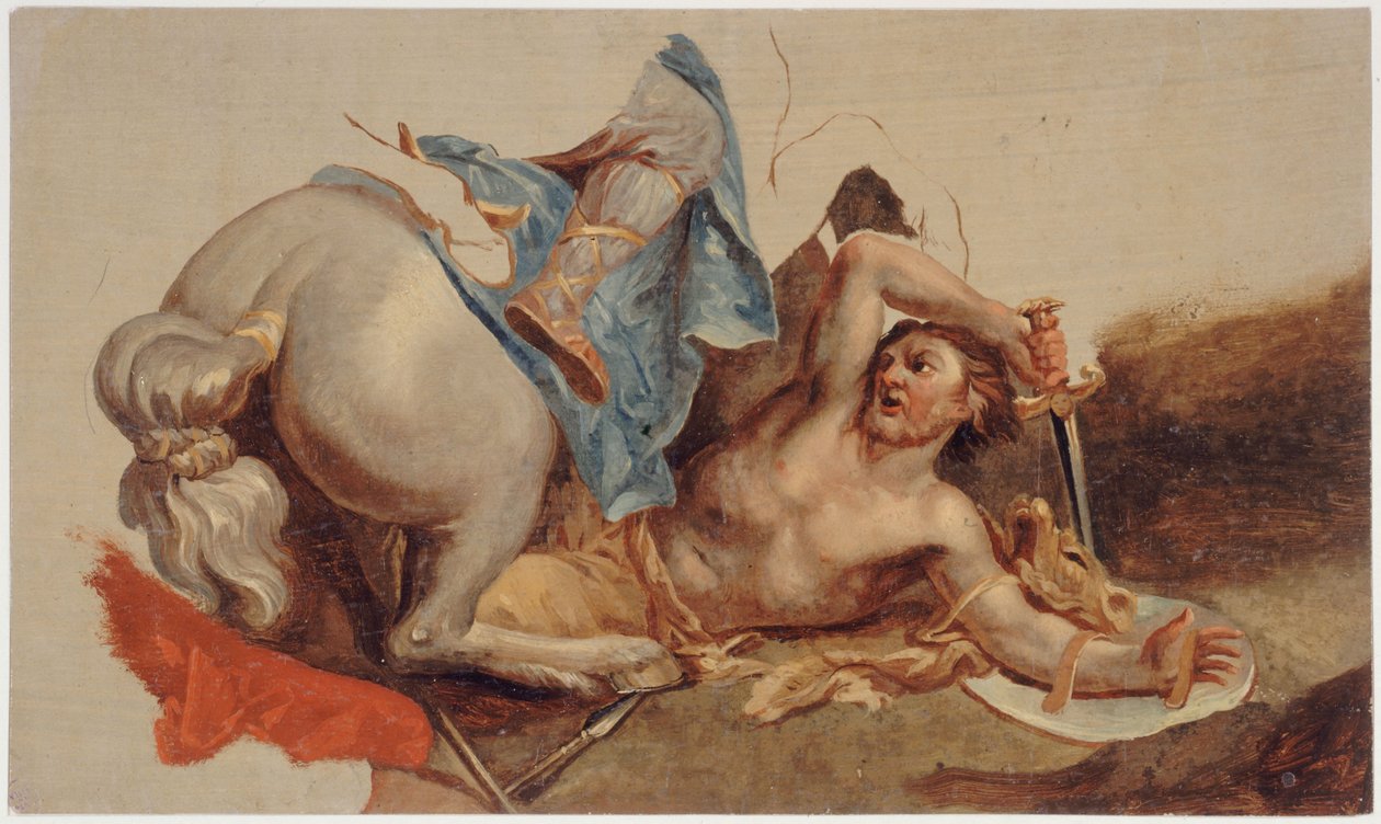 Studie av en fallen häst och ryttare, efter Le Brun (olja på papper) av Paul Baudry