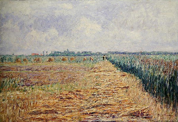 Ett platt holländskt landskap under en sommarhimmel med klarvita moln, ca 1890 (olja på duk) av Paul Baum