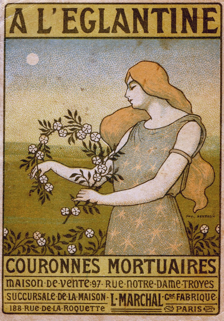 Livsstil. Till den vilda rosen, handel med begravningskransar, blomsterhandlare. Reklam av Paul Berthon, Frankrike, ca 1900 (affisch). av Paul Berthon