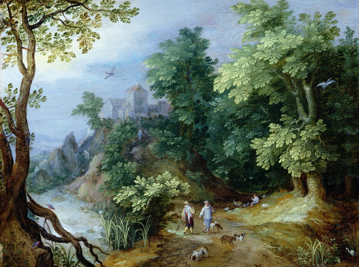 Landskap med idrottare och hundar (olja på koppar) av Paul Bril