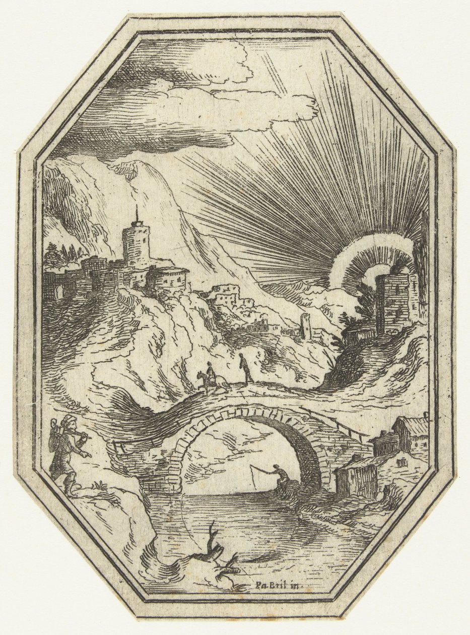 Landskap med stenbro i åttakantig ram Octagonal Landscapes (serietitel) av Paul Bril