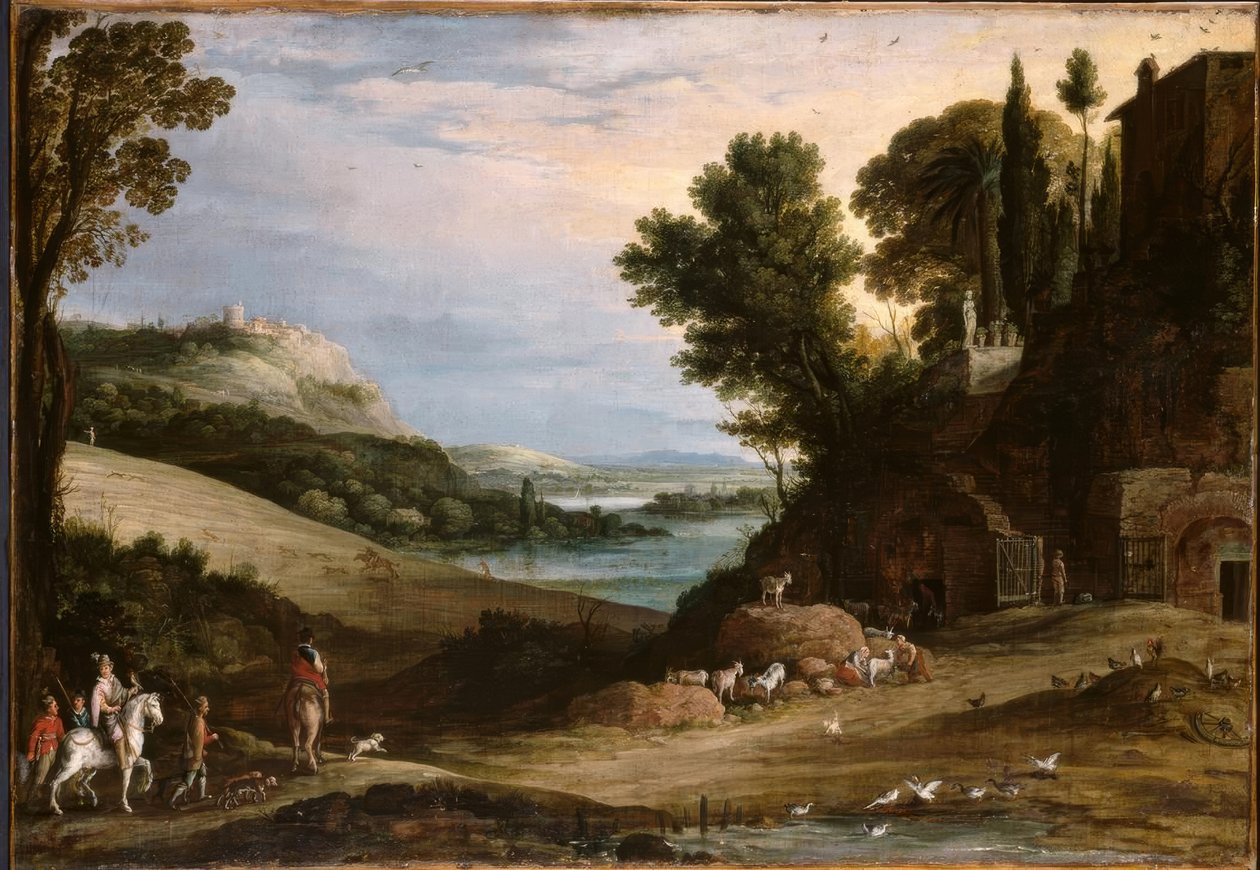 P.Bril, Italienserande landskap med falkenjakt / målning av Paul Bril