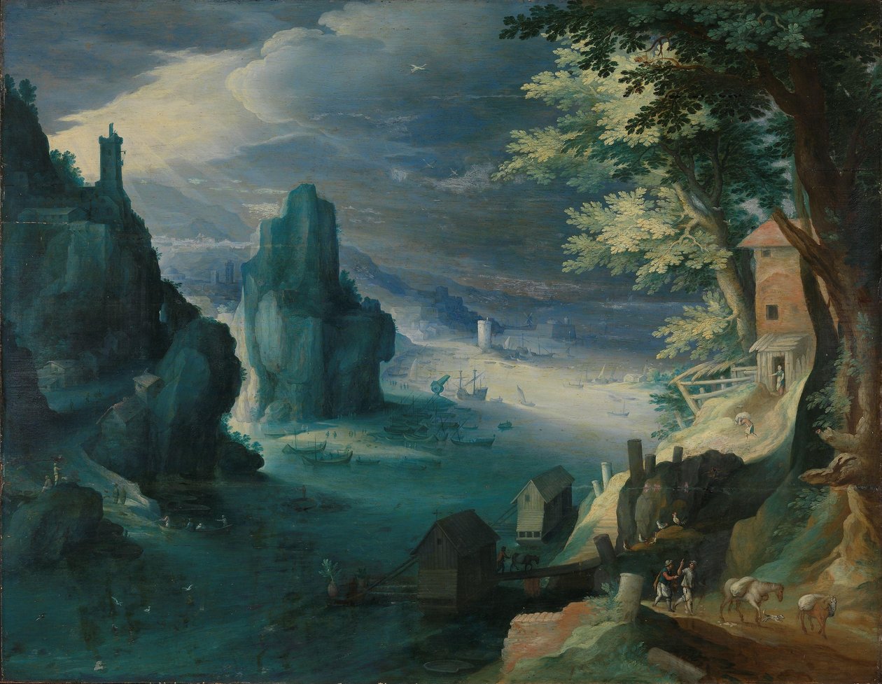 Fartyg vid en klippig kust av Paul Bril
