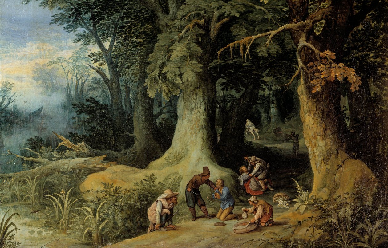 Vapenattack i en skog En grupp motorvägsbanditer. Målning av Paul Bril (Brill) (1554-1626) av Paul Bril