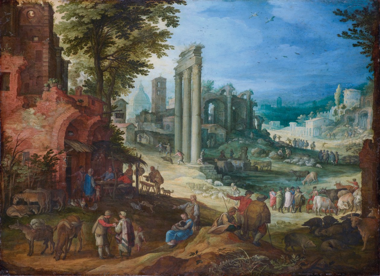 Utsikt över Forum Romanum med kolumnerna i Castor- och Polluxtemplen och Hadrianusbasilikan av Paul Brill