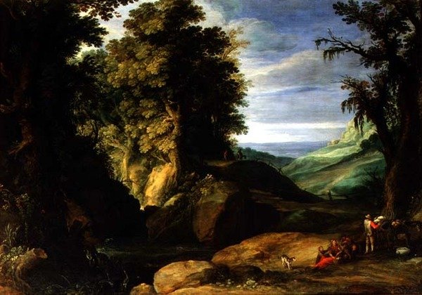 Landskap med resande, ca 1610-15 (olja på duk) av Paul Brill or Bril