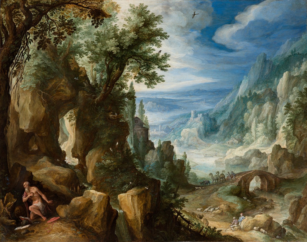 Bergigt landskap med Saint Hieronymus, 1592 (olja på koppar på panel) av Paul Bril