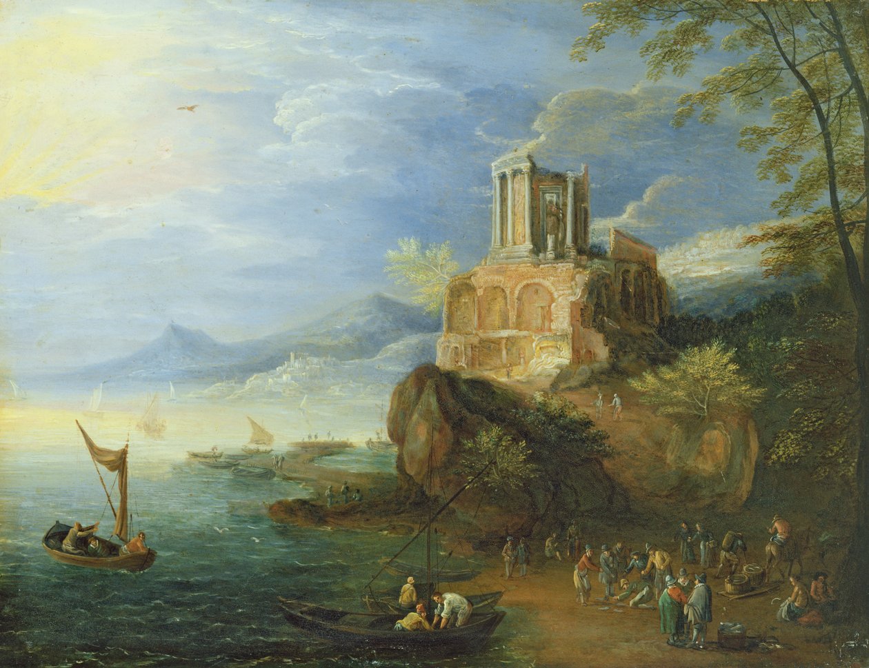 Havskusten med Vestatemplet (olja på panel) av Paul Bril