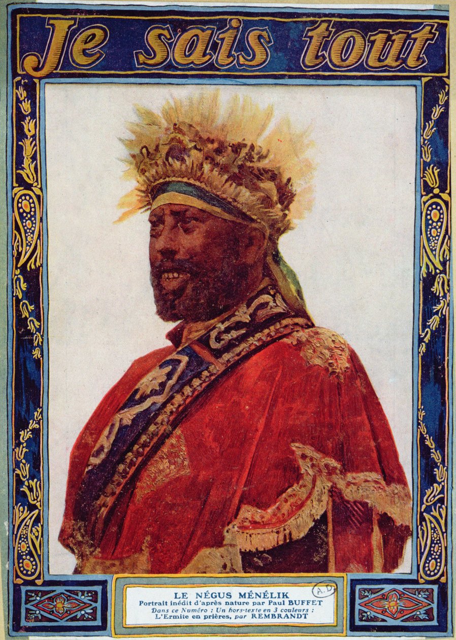 Porträtt av Etiopiens Negus, Menelik II (1844-1913), illustration från tidskriften Je Sais Tout, ca 1900 av Paul Buffet