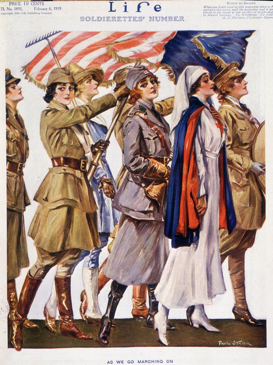 Amerikanska kvinnor (soldater, bönder, sjuksköterskor) med flagga, av Stahr (1883-1953) - ko. "Life" från den 06/02/1919. av Paul C. Stahr