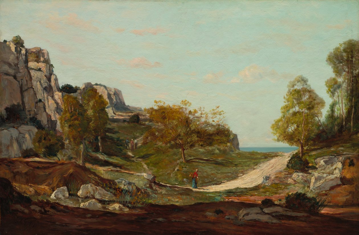 Landskap vid Saint-André, nära Marseilles, ca 1865 (olja på träpanel) av Paul Camille Guigou