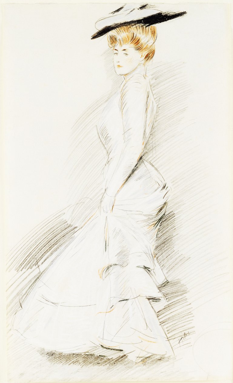 En elegant dam i en vit klänning, av Paul Cesar Helleu