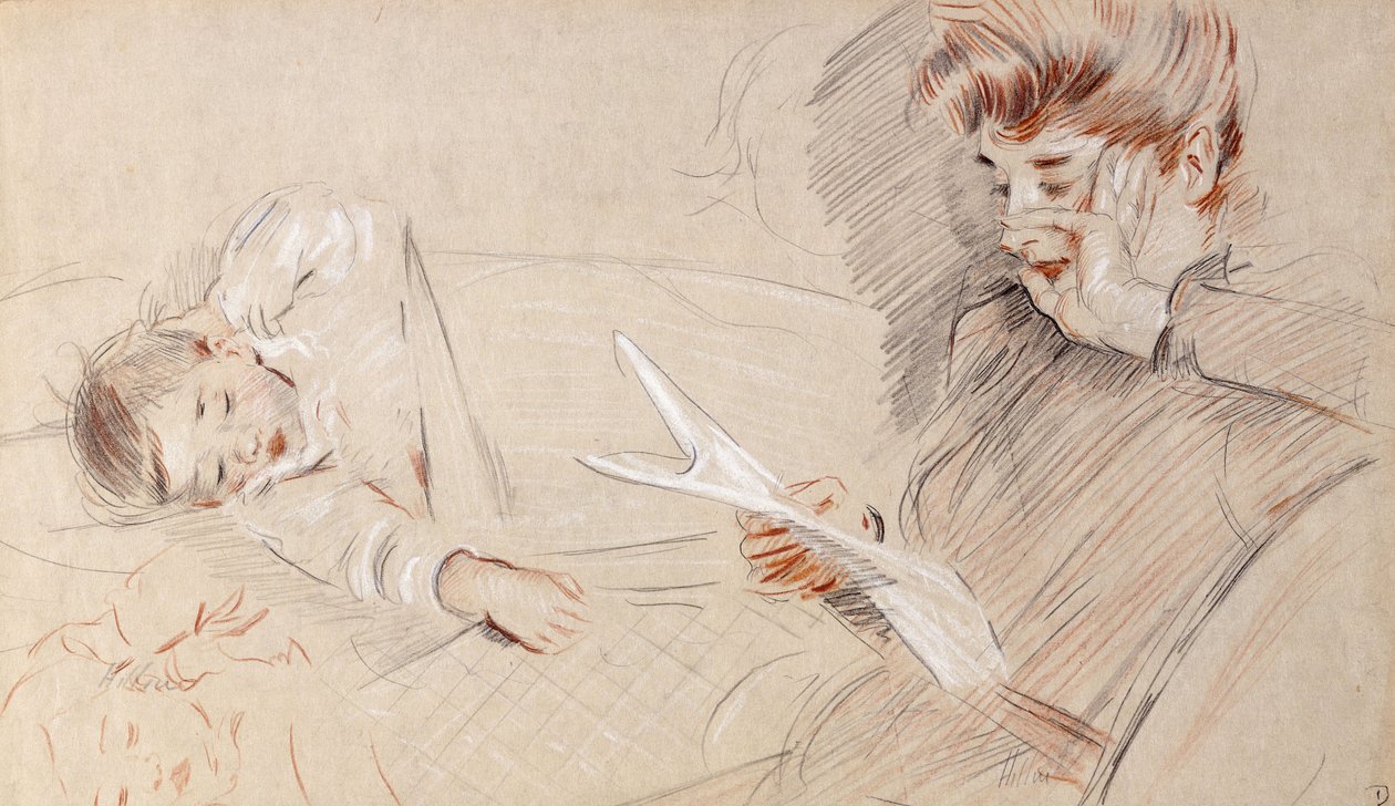 Madame Helleu Reading, med Paulette som ligger bredvid henne på en soffa, av Paul Cesar Helleu