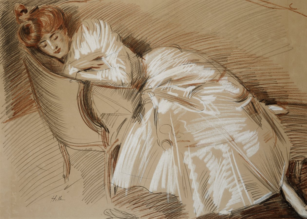 Madame Helleu lutad på en schäslong, av Paul Cesar Helleu