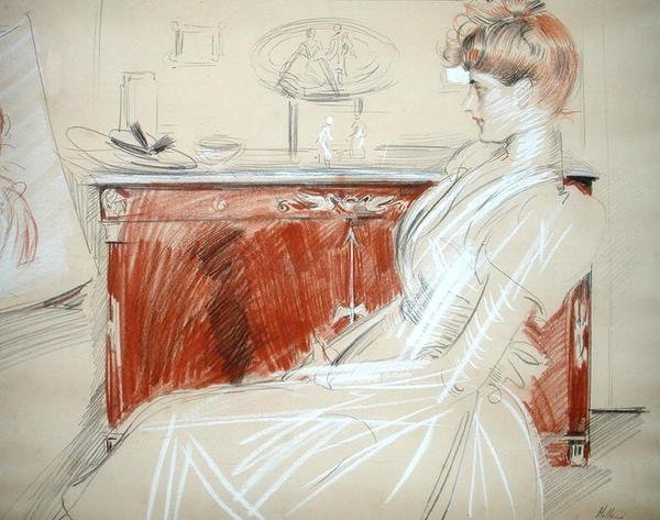 Madame Helleu i sin salong, ca 1900 (penna och krita på papper) av Paul Cesar Helleu
