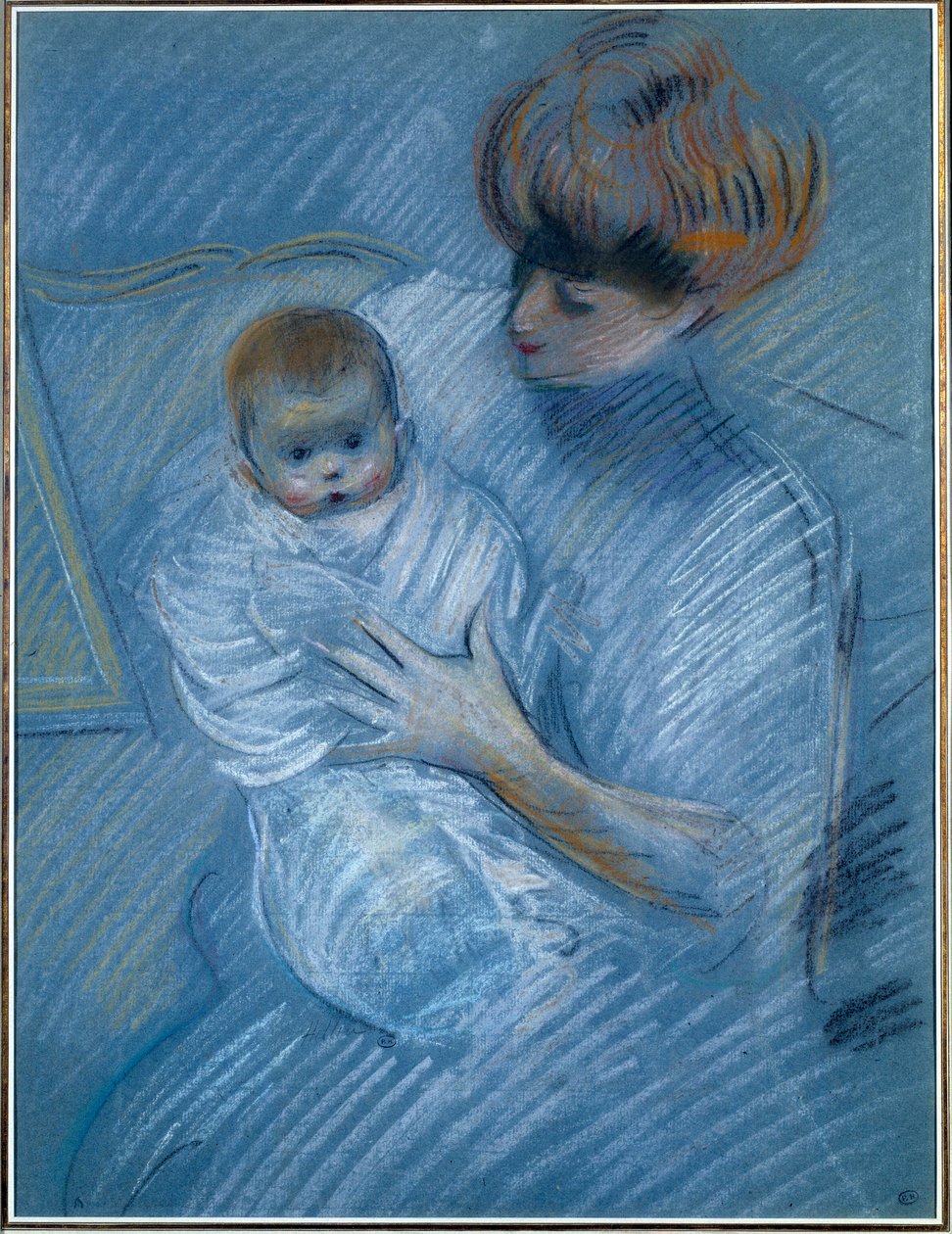 Moderskap. Teckning av Paul Helleu (1859-1927), 1900-talet. Porträtt av en mamma med sitt barn. Bayonne, Musée Bonnat av Paul Cesar Helleu