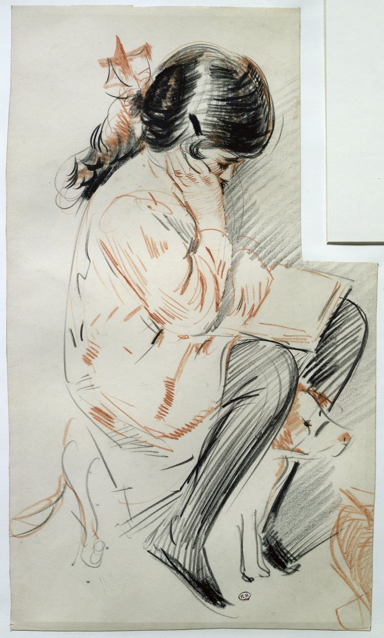 Paulette läser sittande på sin leksakshund (färgpenna på papper) av Paul Cesar Helleu