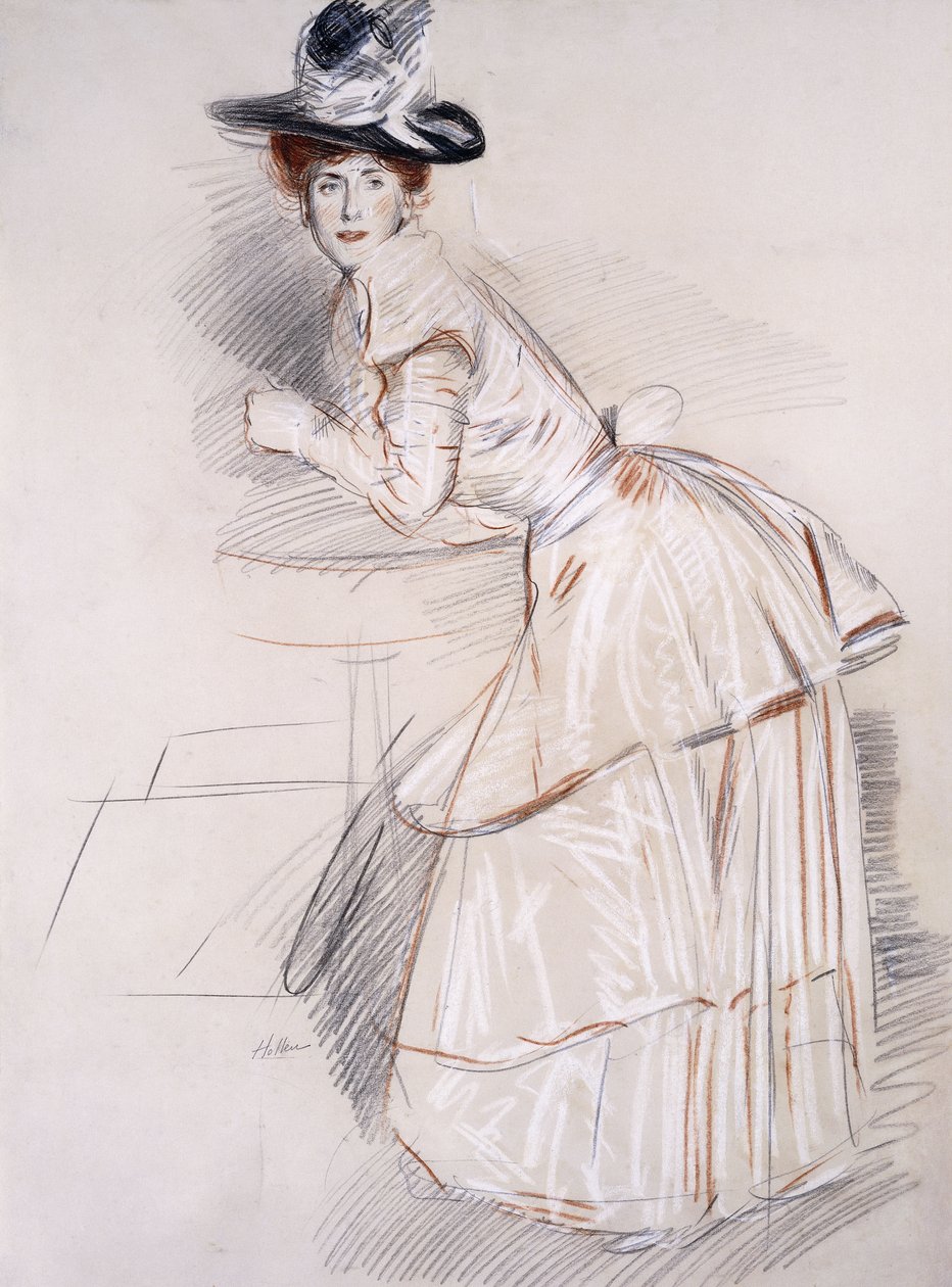 Porträtt av Madame Helleu lutad på ett bord, av Paul Cesar Helleu
