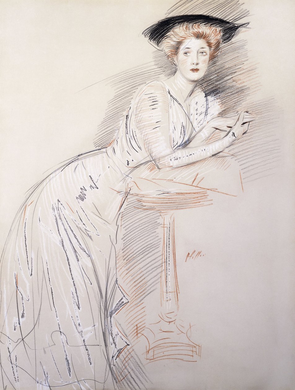 Porträtt av fröken Taylor lutad på ett bord, av Paul Cesar Helleu
