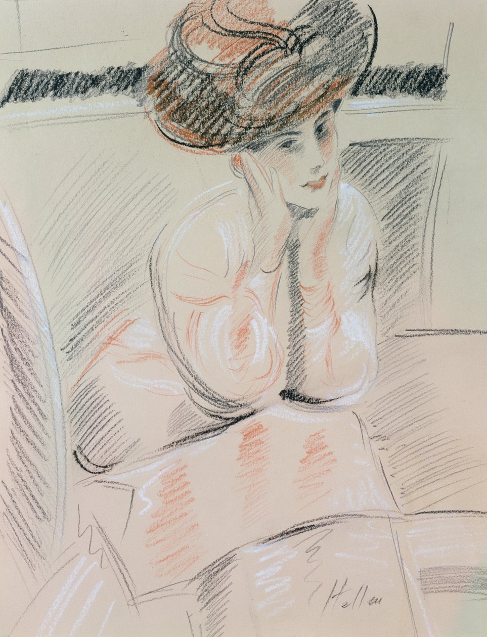 Porträtt av en dam (svart, vit och röd krita på gulfärgat papper) av Paul Cesar Helleu