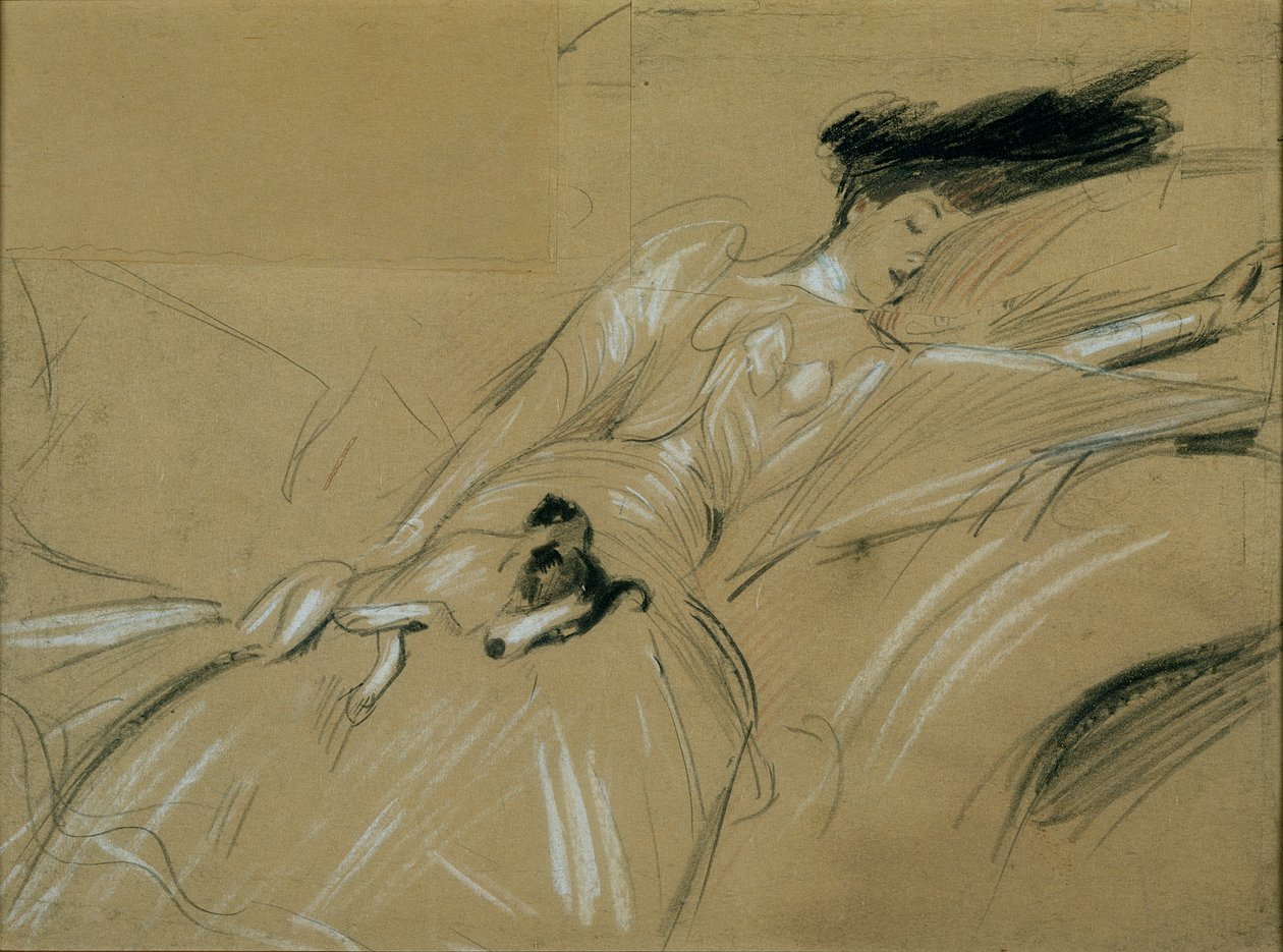 Hertiginnan av Marlborough slumrar till på Blenheim Palace (pastellfärgad på papper) av Paul Cesar Helleu