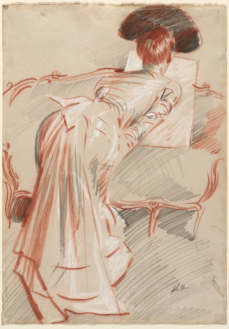 Kvinna (möjligen Madame Alice Hellu) tittar på en teckning av Paul Cesar Helleu