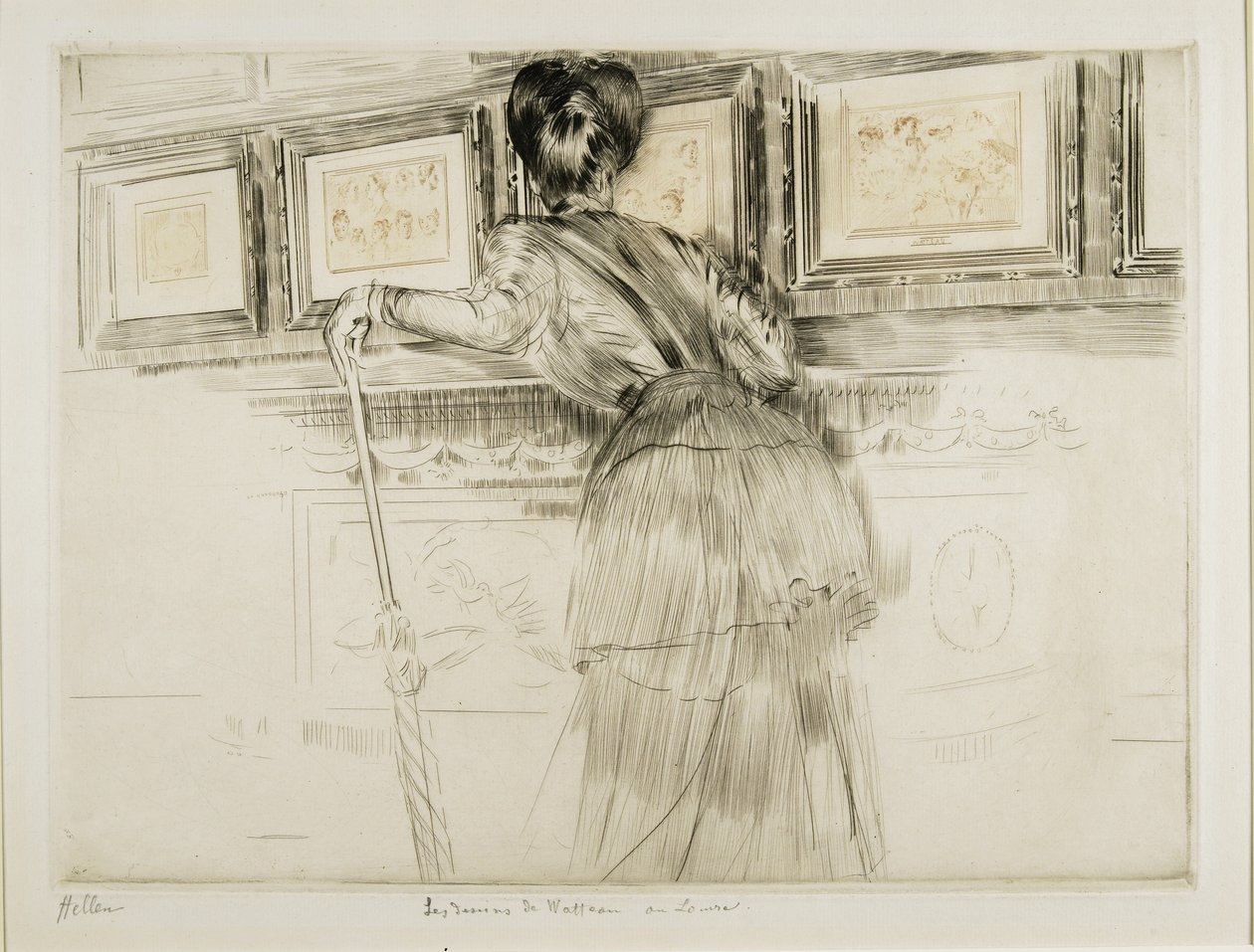 Kvinna tittar på Watteau-teckningar i Louvren, ca 1895 av Paul Cesar Helleu