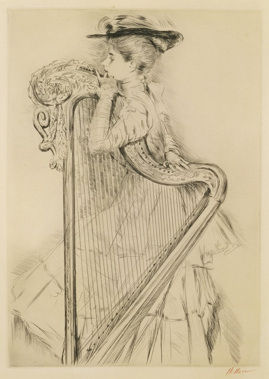 Kvinna med en harpa (torrnål) av Paul Cesar Helleu