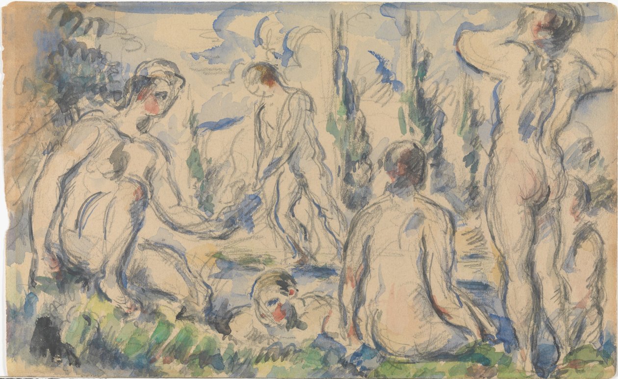 Badande (framsida); Landskap (baksida) av Paul Cézanne