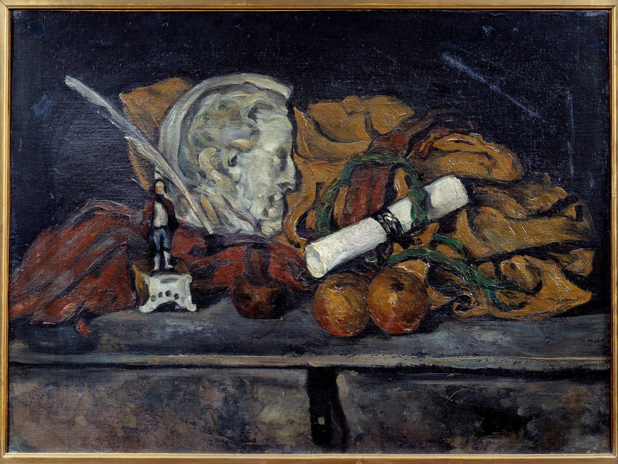 Cezannes tillbehör. Stilleben med medaljong av Philippe Solari Målning av Paul Cezanne (1839-1906) 1873 Sön. 0,6x0,8 m Paris, musee d