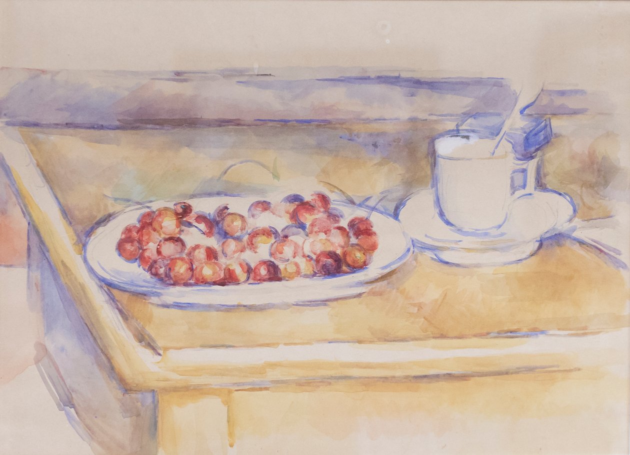 Bägare och fat med körsbär, ca 1890 (penna och akvarell på papper) av Paul Cézanne