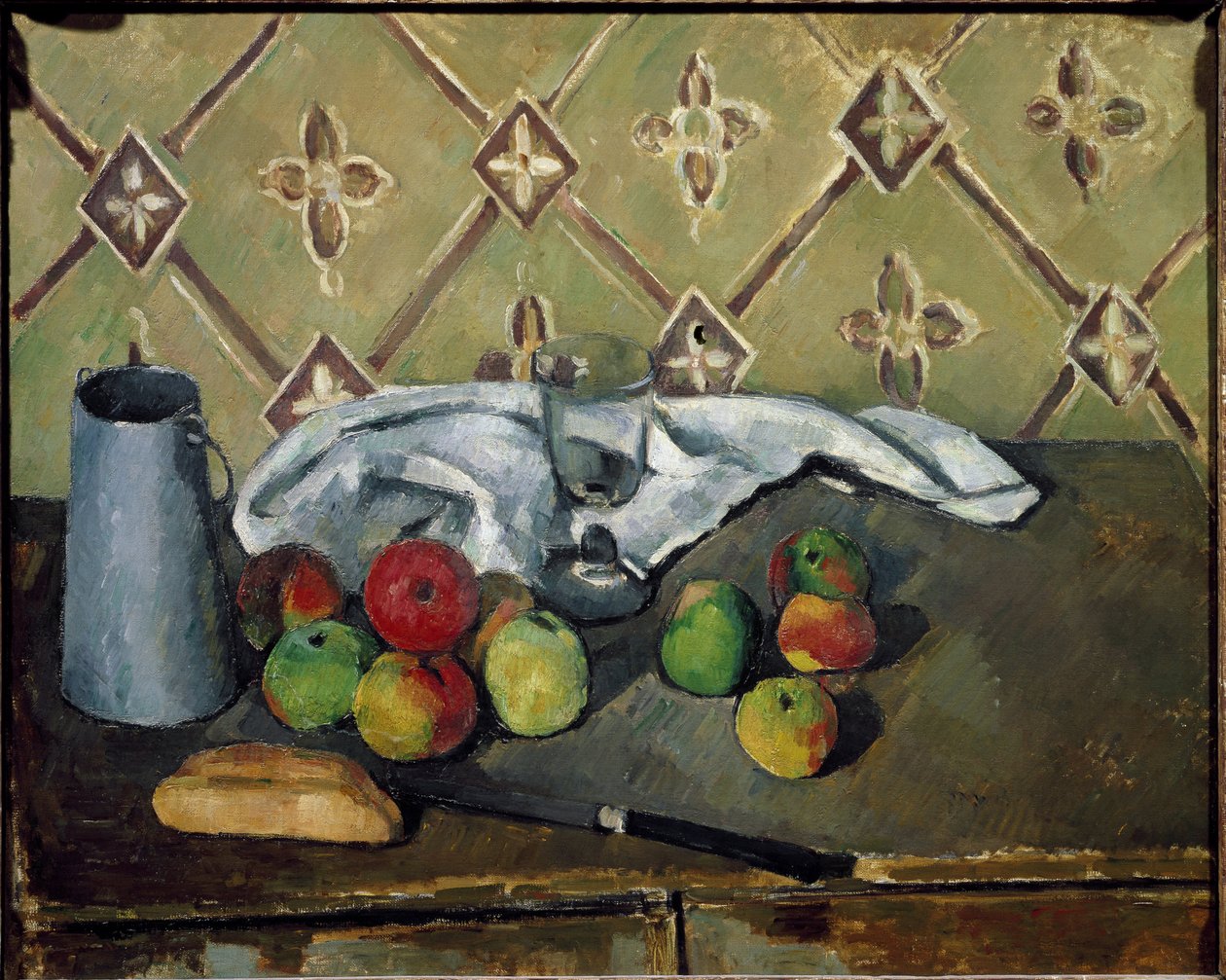 Frukt, servett och mjölklåda - Olja på duk av Paul Cézanne