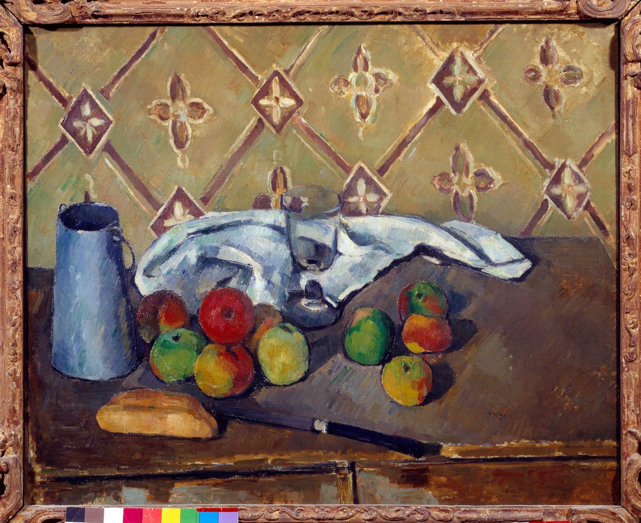Frukt, handduk, bröd och mjölklåda Målning av Paul Cezanne (1839-1906) 1880 Sön. 0,6x0,73 m Paris, Musee de l