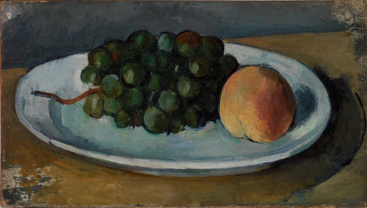 Druvor och persika på en tallrik av Paul Cézanne