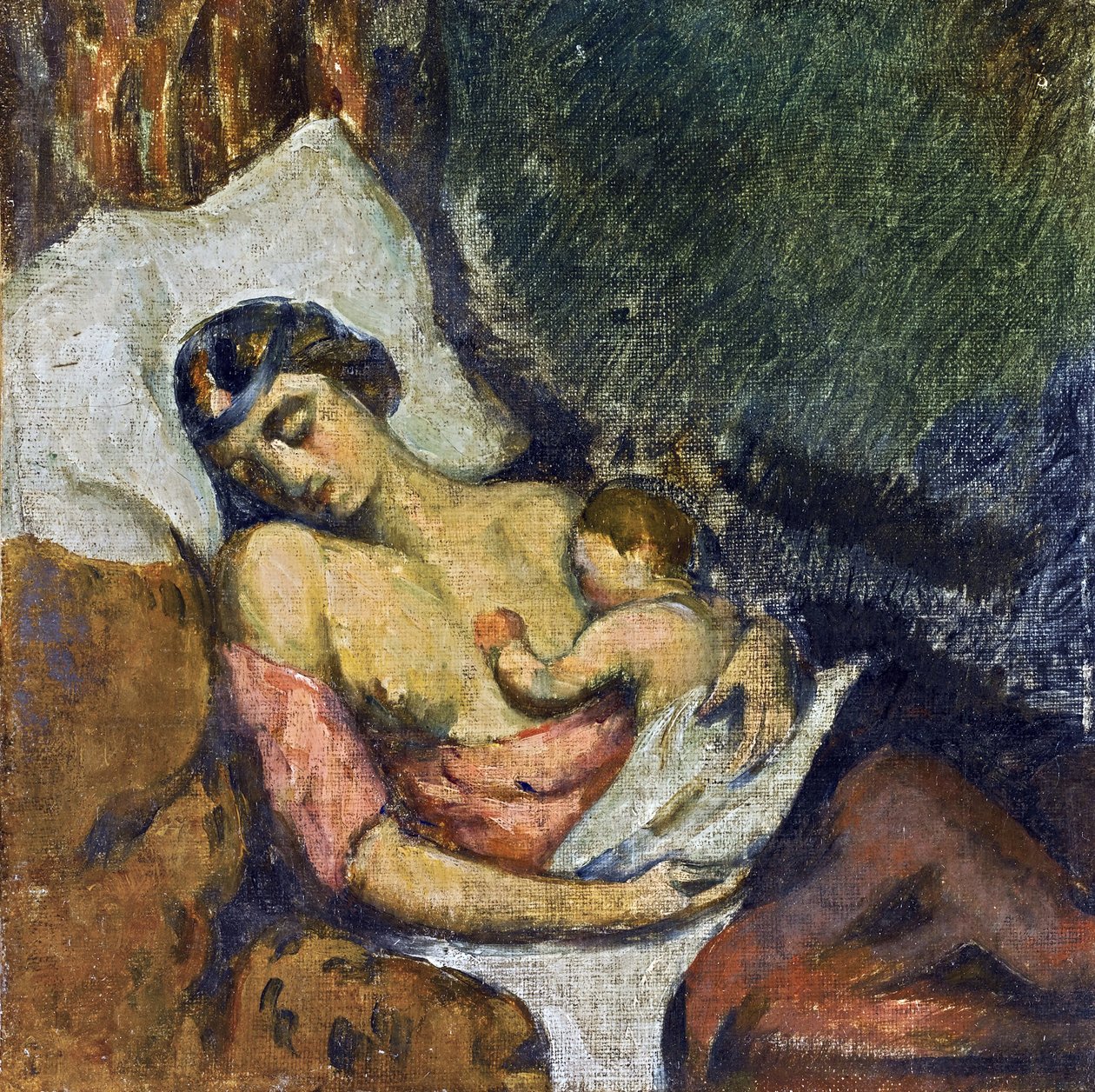 Hortense allaitant Paul - Kvinna som ammar sitt barn par Cezanne, Paul (1839-1906), ca 1872 - Olja på duk, 23,2x23,2 - Privat samling av Paul Cézanne