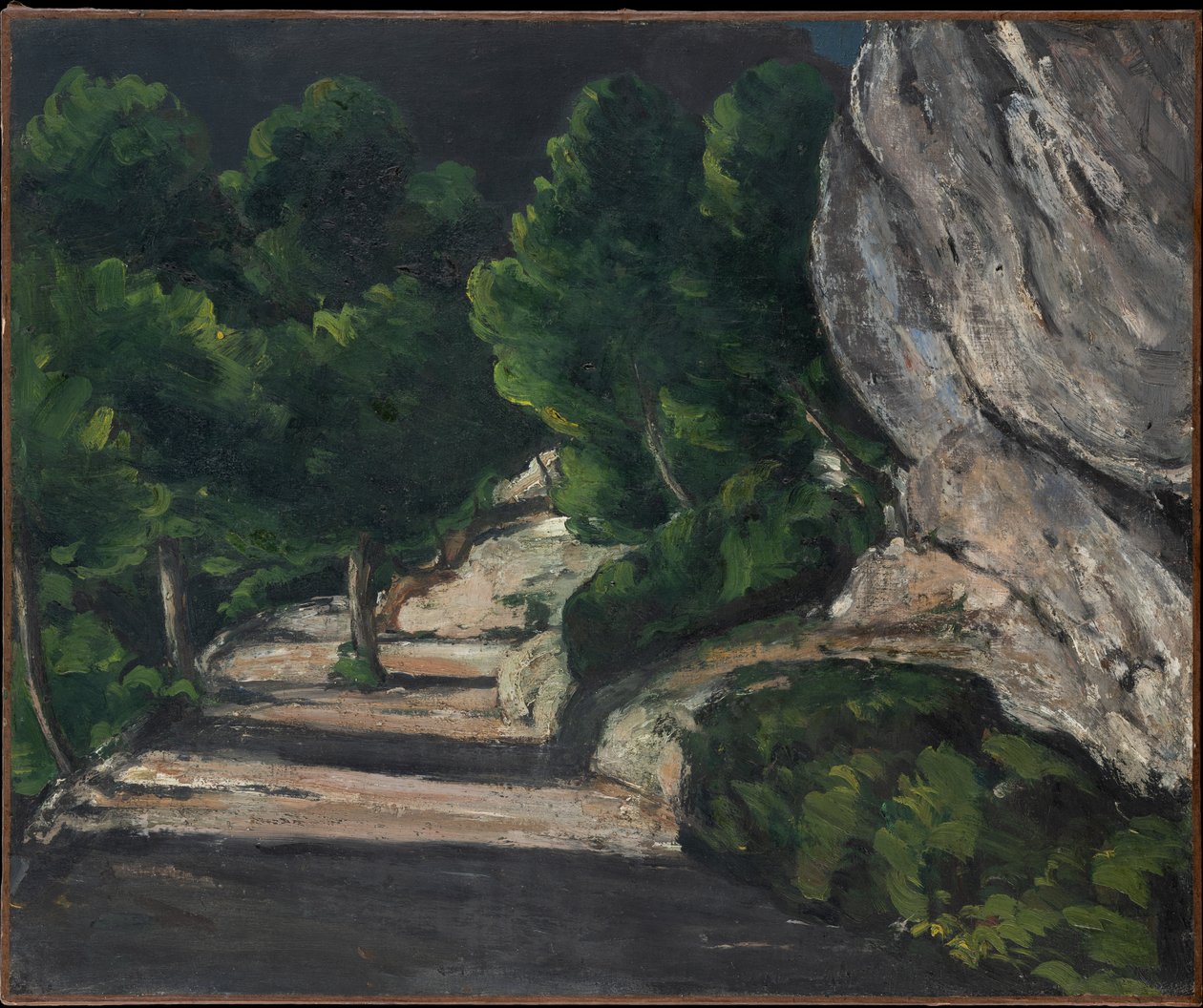 Landskap. Väg med träd i klippiga berg av Paul Cézanne