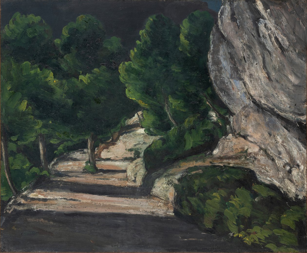 Landskap, väg med träd i Klippiga bergen, ca 1870-71 (olja på duk) av Paul Cézanne