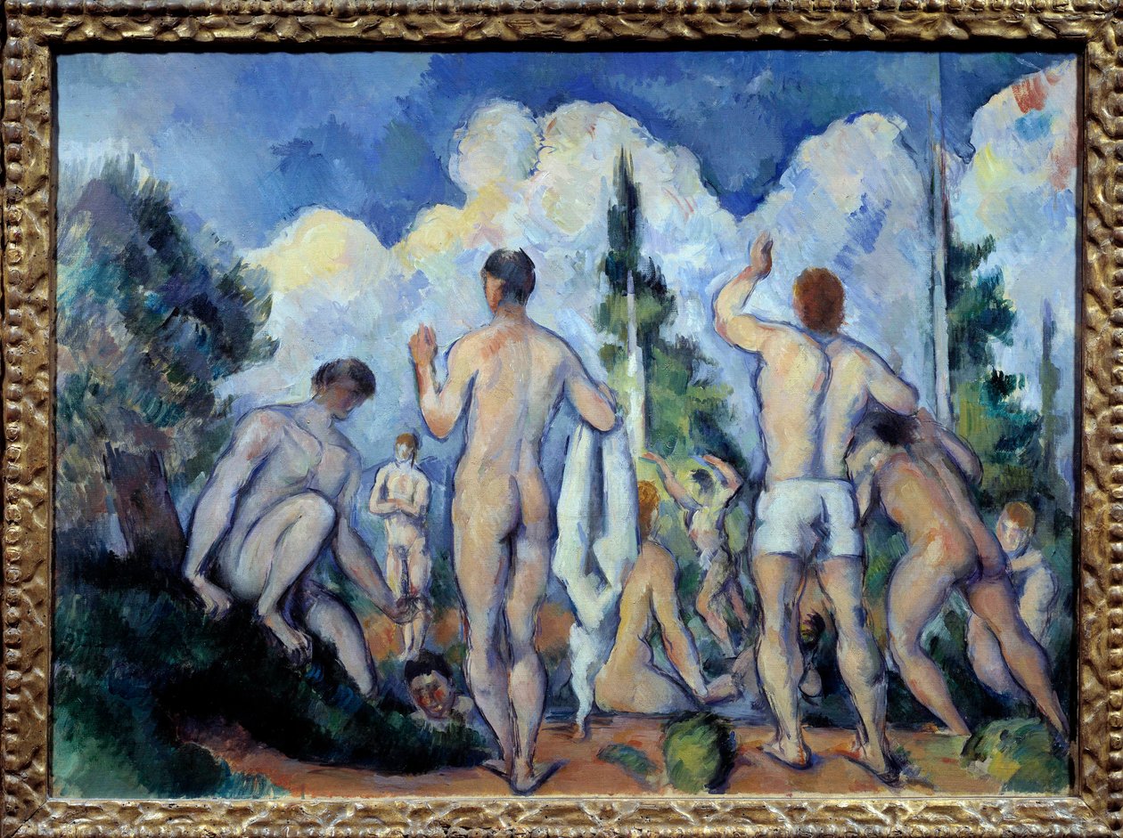 Les bathers Målning av Paul Cezanne (1839-1906) 1890 sön. 0,6x0,82 m Paris, musee d