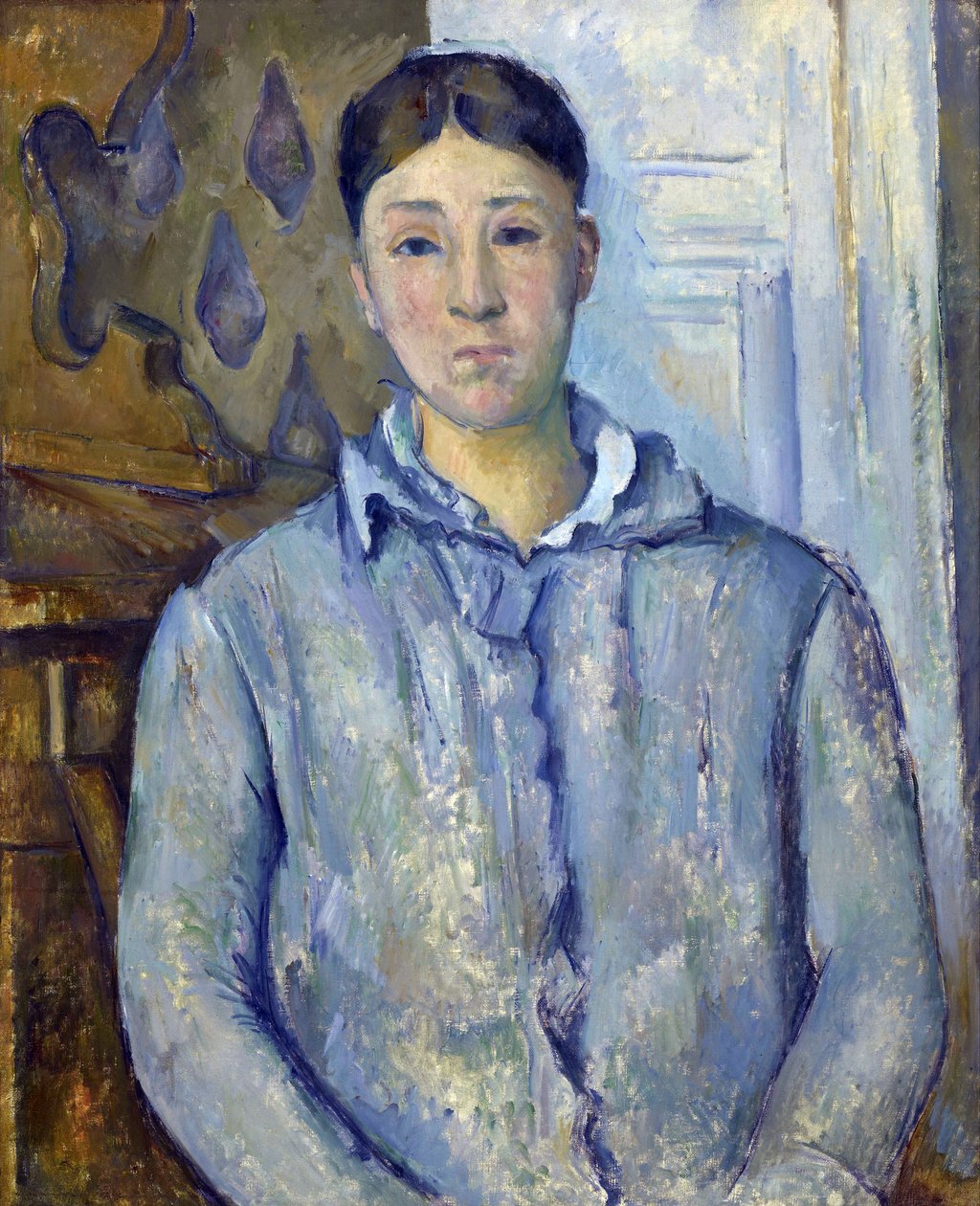 ""Porträtt av Madame Cezanne i blått"" 1888-1890. Hortense Cezanne (1850-1922), hustru till konstnären Målning av Paul Cezanne (1839-1906). Olja på duk - dim 73,5x61 cm Houston, Museum of Fine Arts, Robert Lee Blaffer Memorial Collection, gåva av S av Paul Cézanne