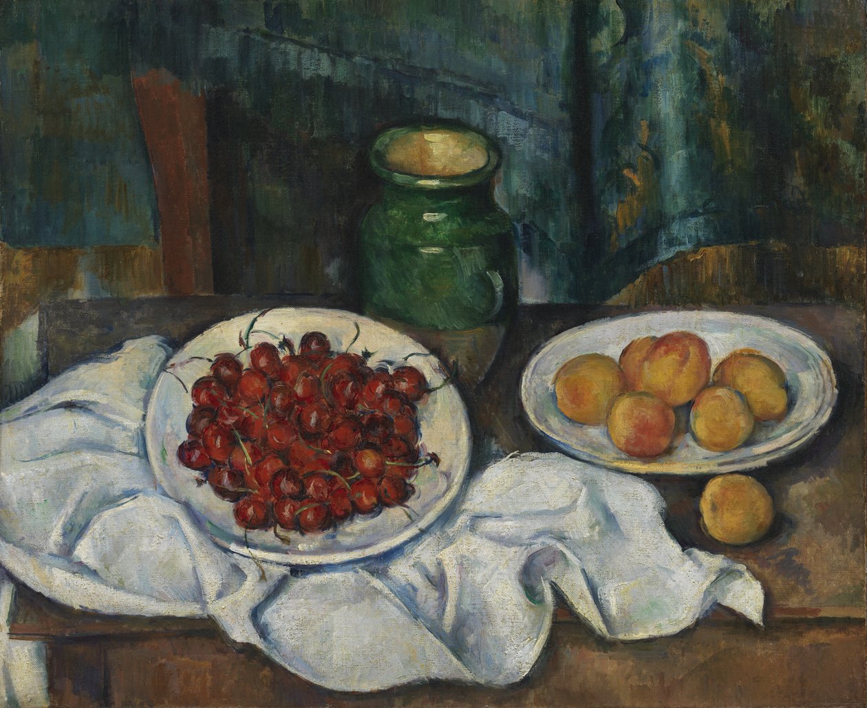 Stilleben med körsbär och persikor av Paul Cézanne