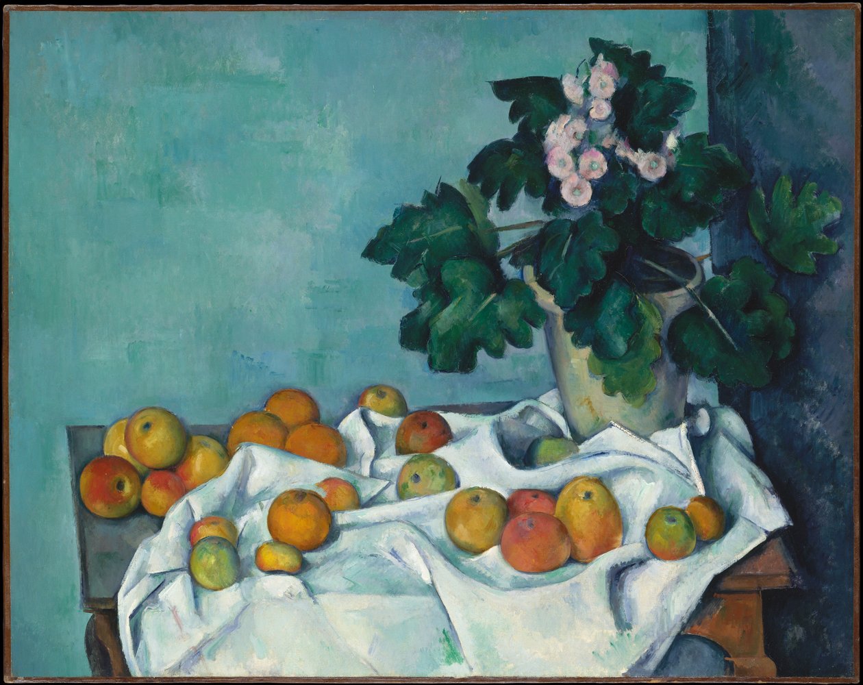 Stilleben med äpplen och en kruka med gullvivor av Paul Cézanne